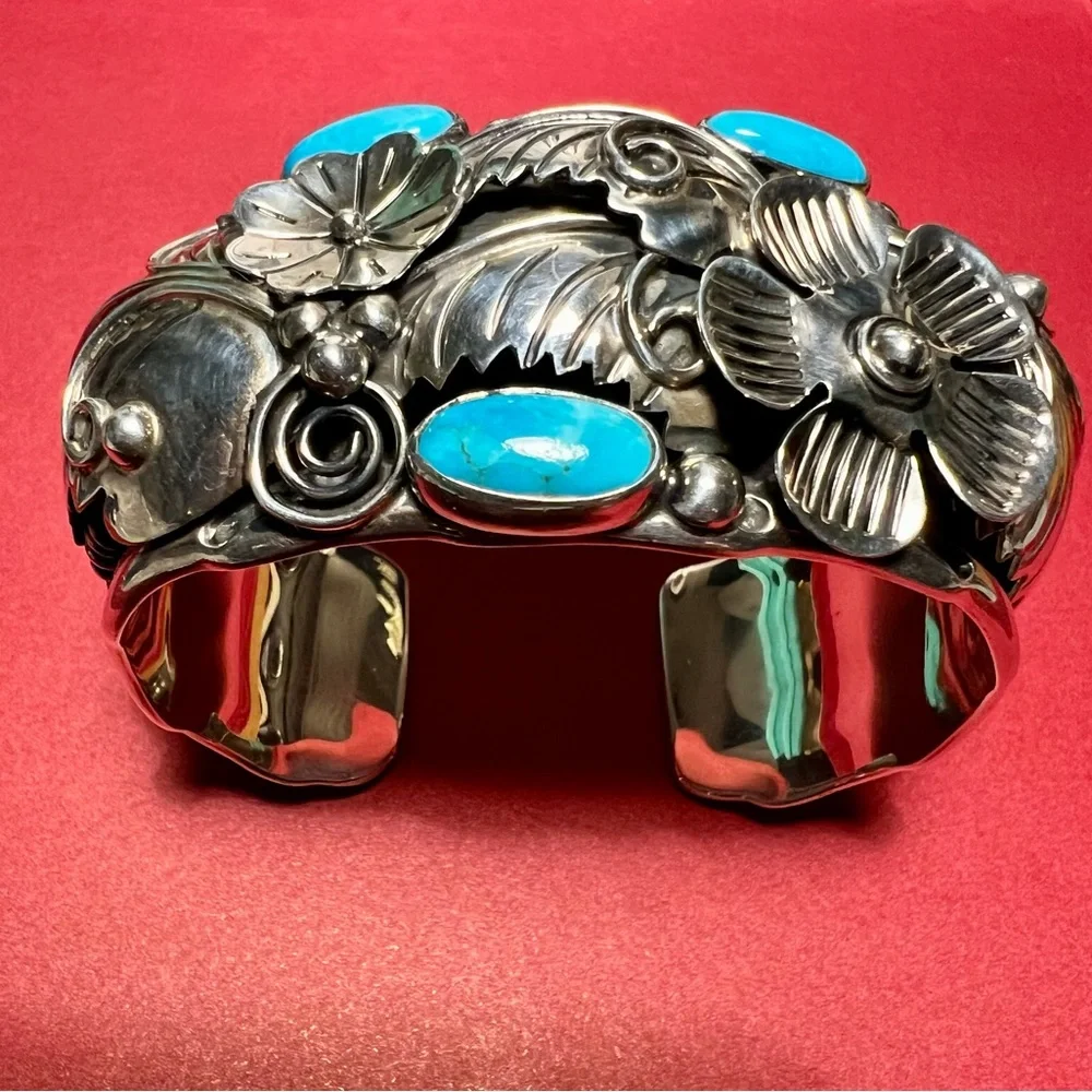 Vintage sterling silver Cuff Bracelet c11 925 Mexico Flower design/ turquoise - Picture 15 of 16